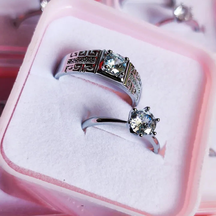Elegant Silver Couple Rings Set – His & Her Matching Diamond Design