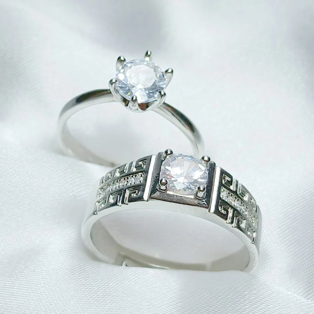 Elegant Silver Couple Rings Set – His & Her Matching Diamond Design