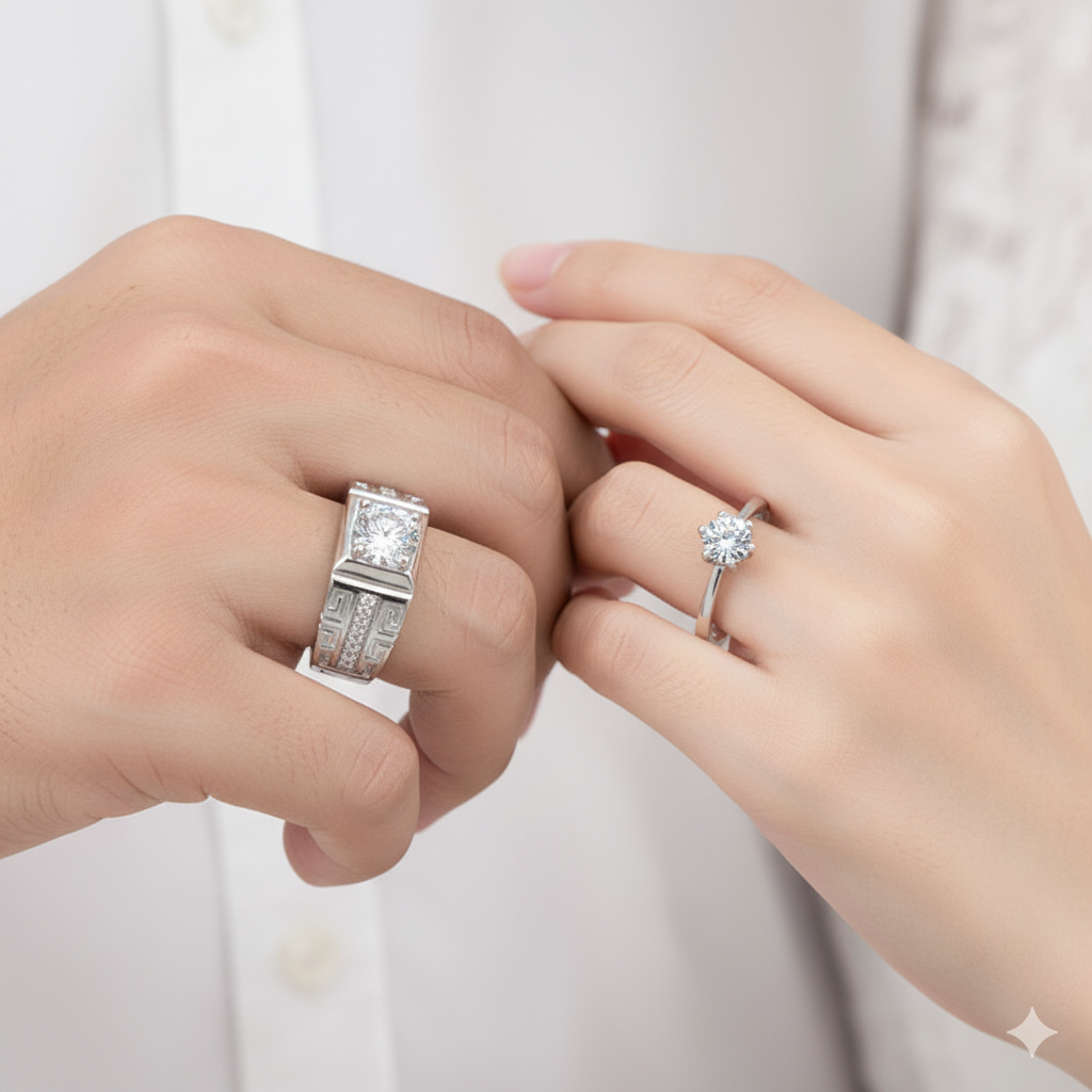 Elegant Silver Couple Rings Set – His & Her Matching Diamond Design