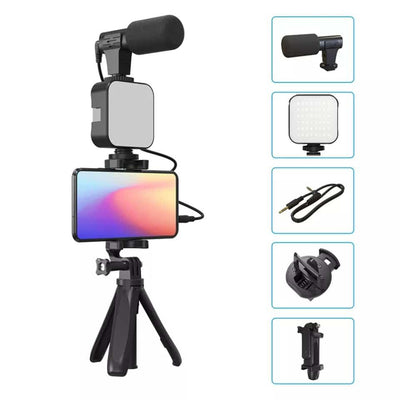 Pro Vlogging Kit – Tripod, Microphone, LED Light, & Accessories for Live Streaming